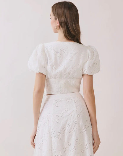 TCEC white eyelet puff sleeve button front crop blouse