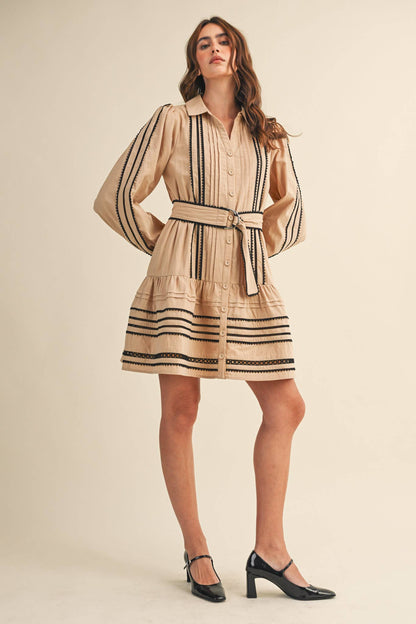 CONTRAST LACE TRIM BELTED MINI DRESS by &Merci