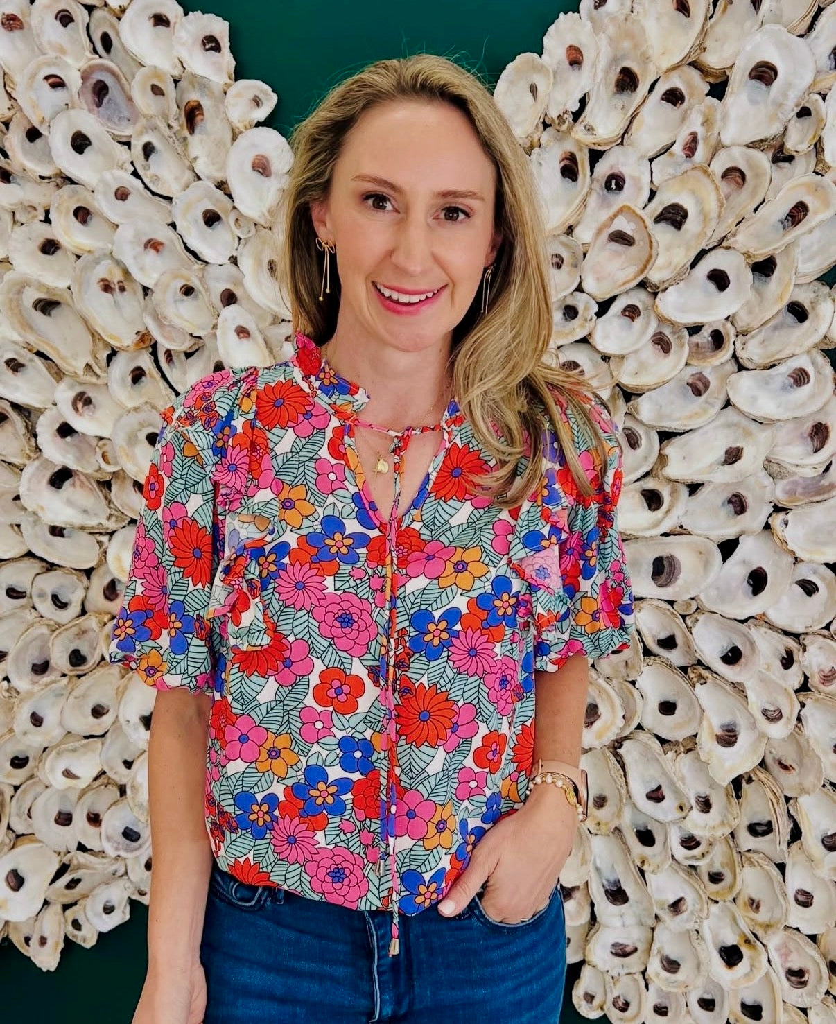 CLEARANCE: Pink Floral tie front blouse cropped ruffle bottom