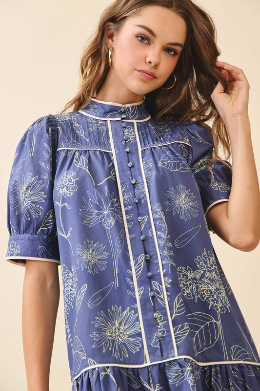 TCEC Floral Print High Band Collar Piping Trim Dress