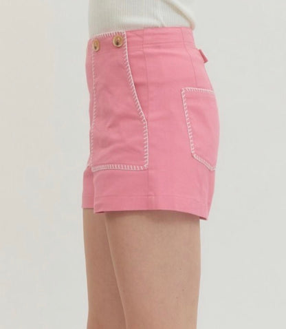 Entro - High Waisted Contrast Stitching shorts - PINK