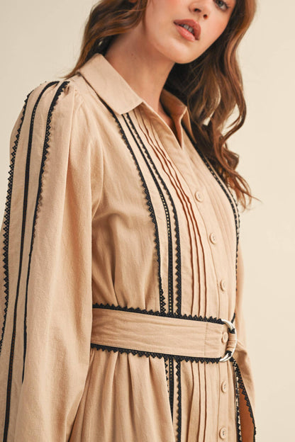 CONTRAST LACE TRIM BELTED MINI DRESS by &Merci