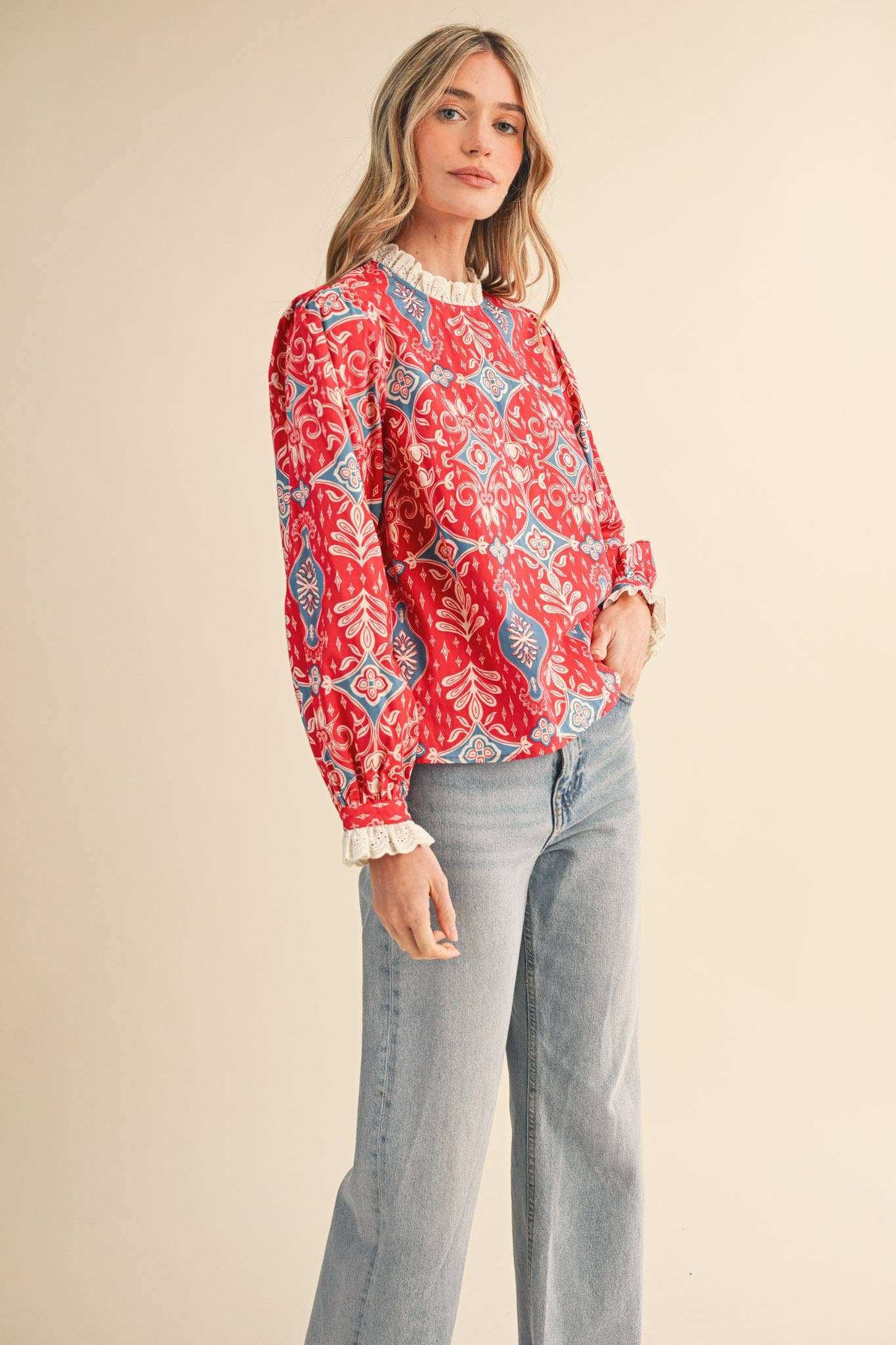 RUFFLE LACE TRIM MOCK NECK TOP