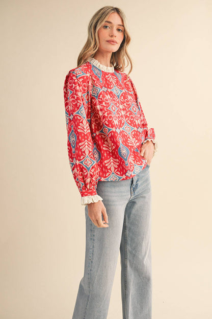 RUFFLE LACE TRIM MOCK NECK TOP