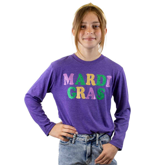 Youth Mardi Gras Glitter Long Sleeve Crew Neck T-Shirt   Purple/Multi   -Asst.: Small (6-7)