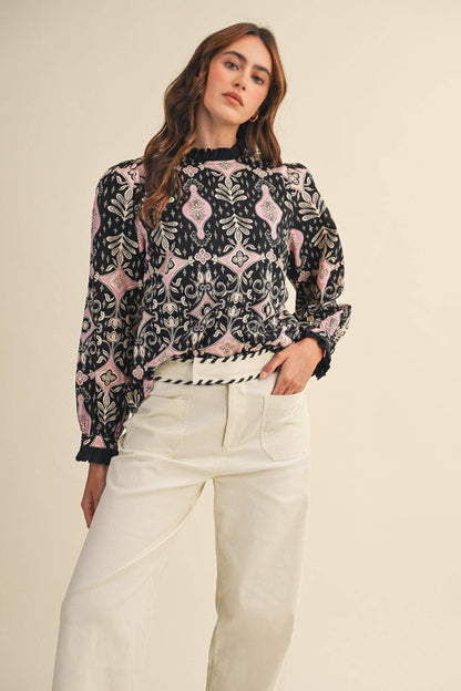 RUFFLE LACE TRIM MOCK NECK TOP
