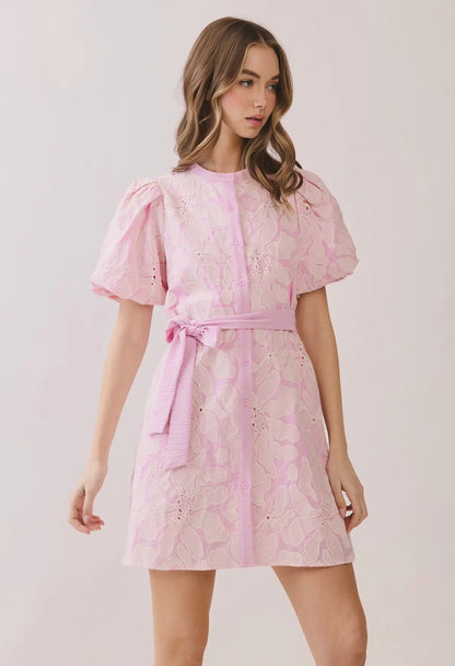 TCEC Floral Eyelet Button Front Mini dress - PINK