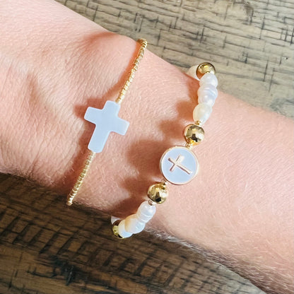 Pearl and gold cross bracelet