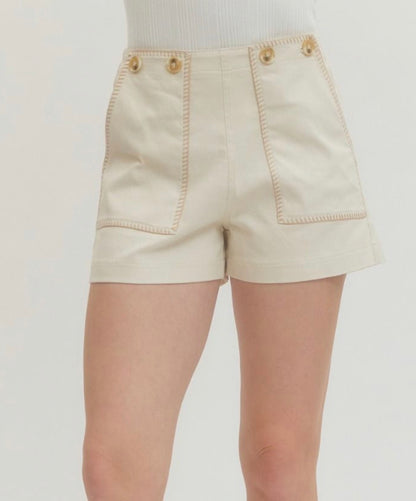 Entro - High Waisted Contrast Stitching shorts - ECRU