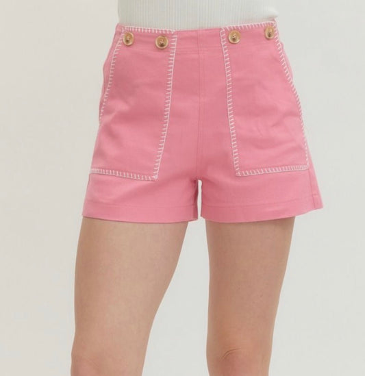 Entro - High Waisted Contrast Stitching shorts - PINK