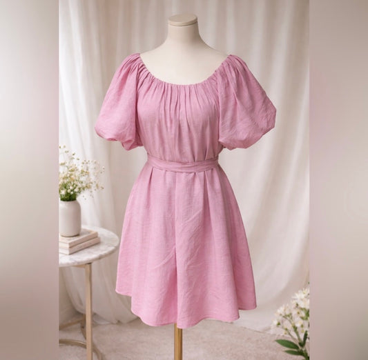 Endless Rose pleated detail puff sleeve mini dress / PINK