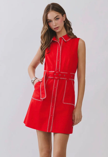 TCEC contrast stitching, structured belted mini dress / RED