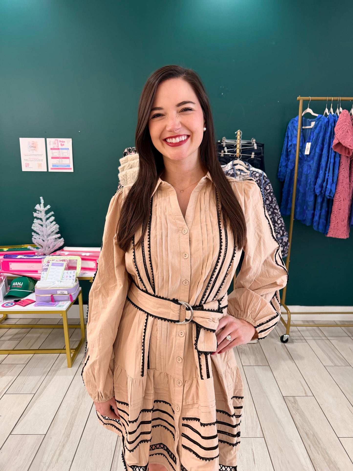CONTRAST LACE TRIM BELTED MINI DRESS by &Merci