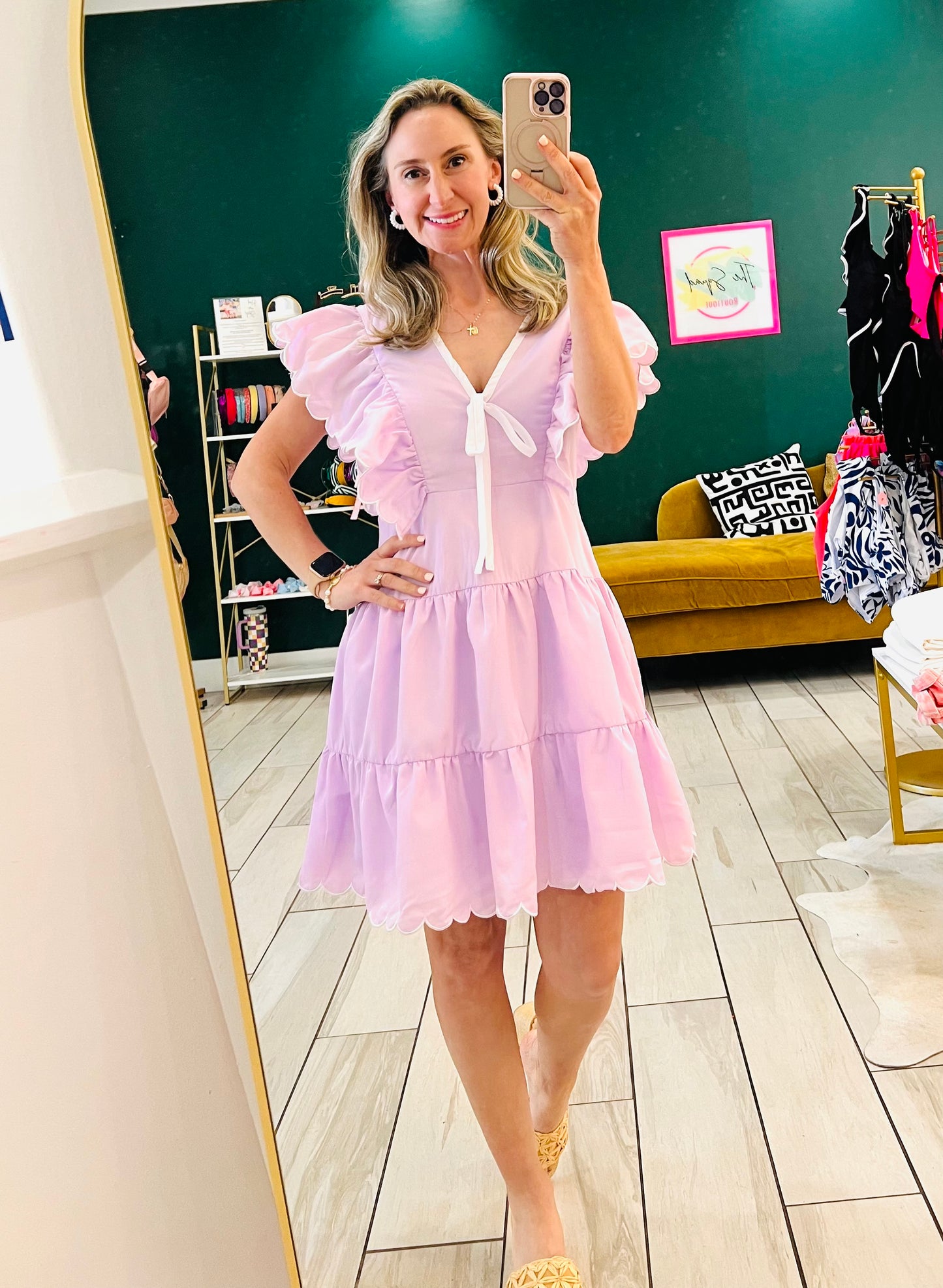 TCEC Neckline Bow Detail Scalloped Dress: Lavender