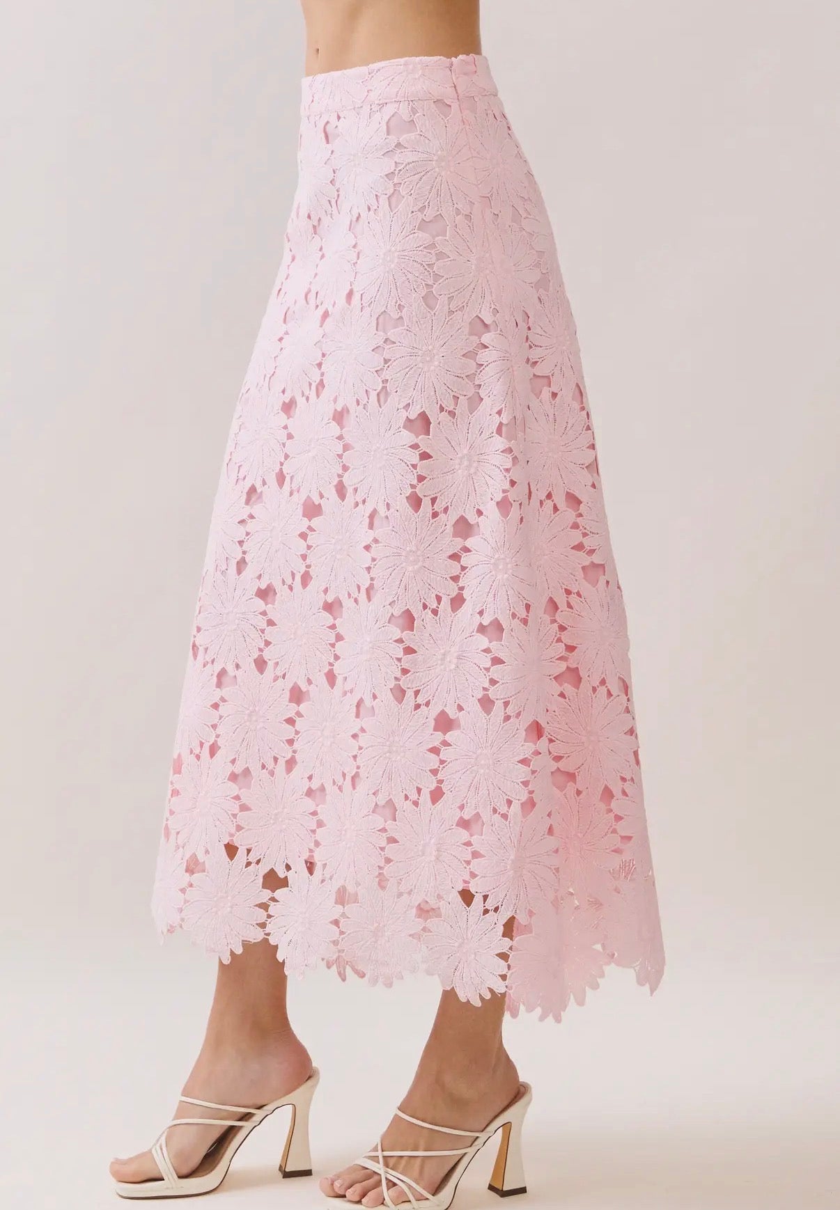 TCEC Floral Lace scalloped hem midi skirt: PINK