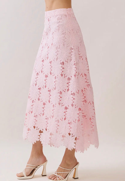 TCEC Floral Lace scalloped hem midi skirt: PINK