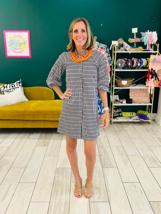 Black & White striped dress with orange dots