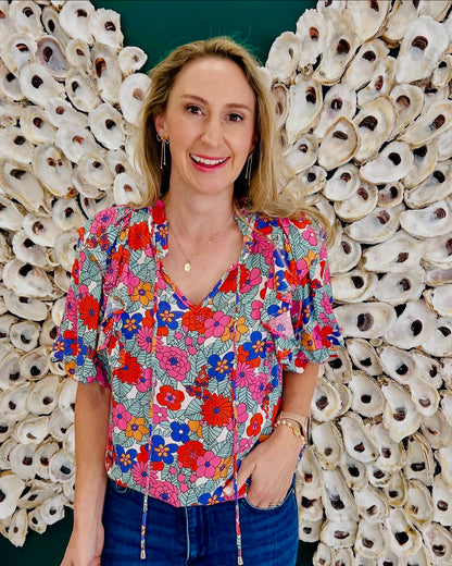CLEARANCE: Pink Floral tie front blouse cropped ruffle bottom