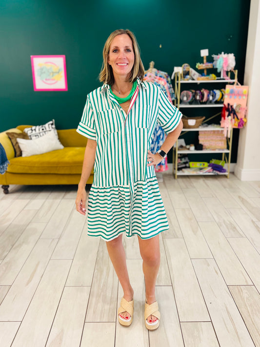 Textured button down green stripe dress with hot pink trim