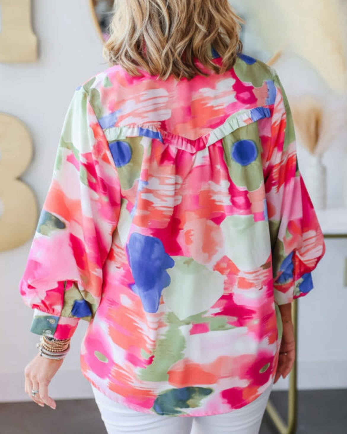 CLEARANCE: Pink Floral tie front blouse cropped ruffle bottom