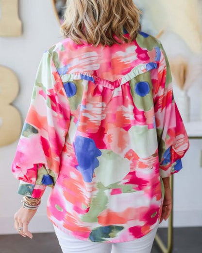 CLEARANCE: Pink Floral tie front blouse cropped ruffle bottom