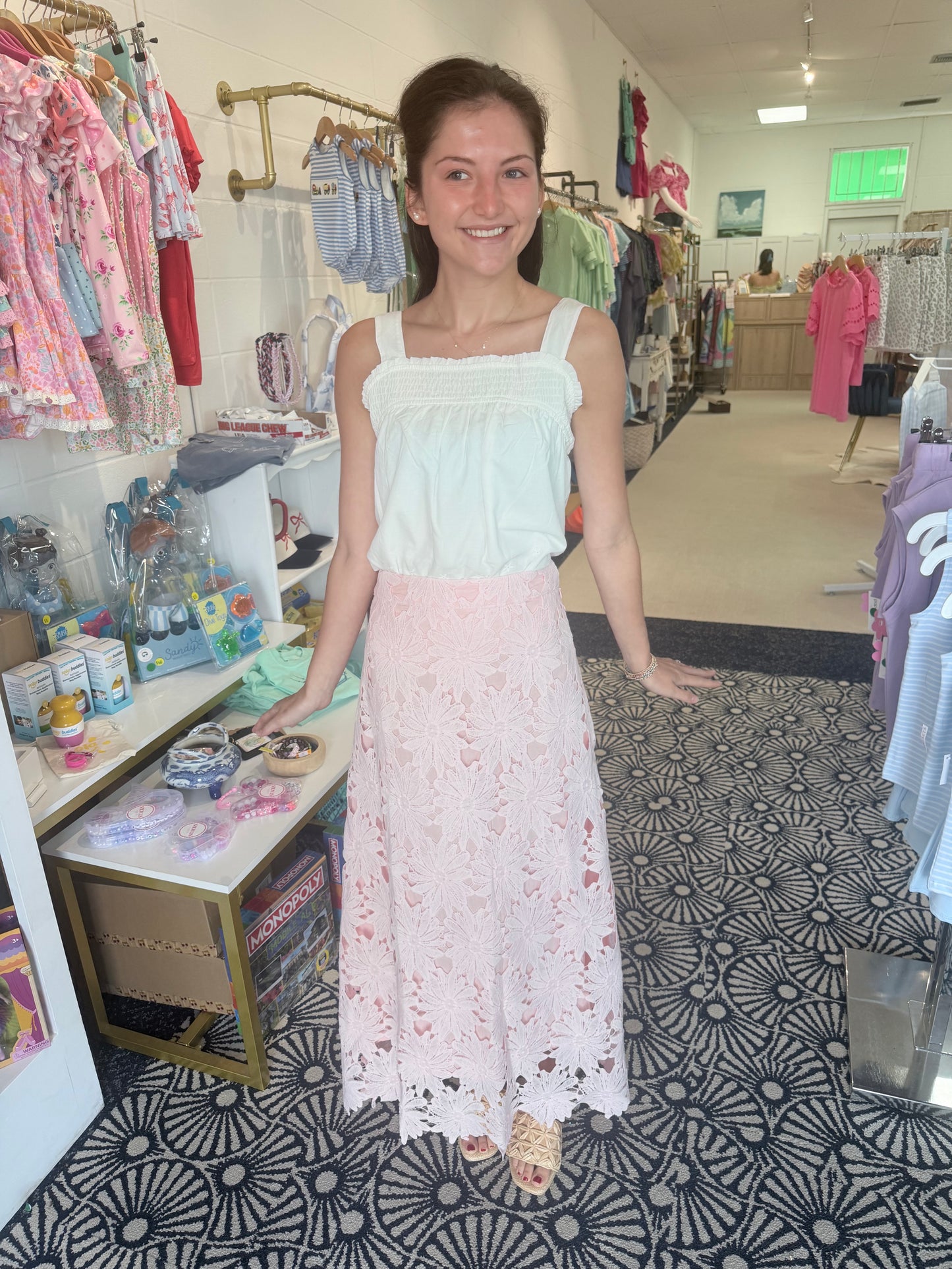 TCEC Floral Lace scalloped hem midi skirt: PINK