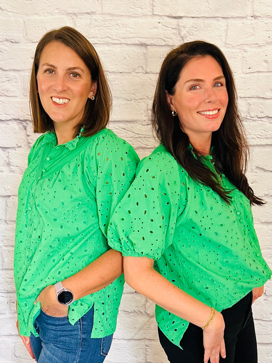 Green eyelet puff sleeve blouse