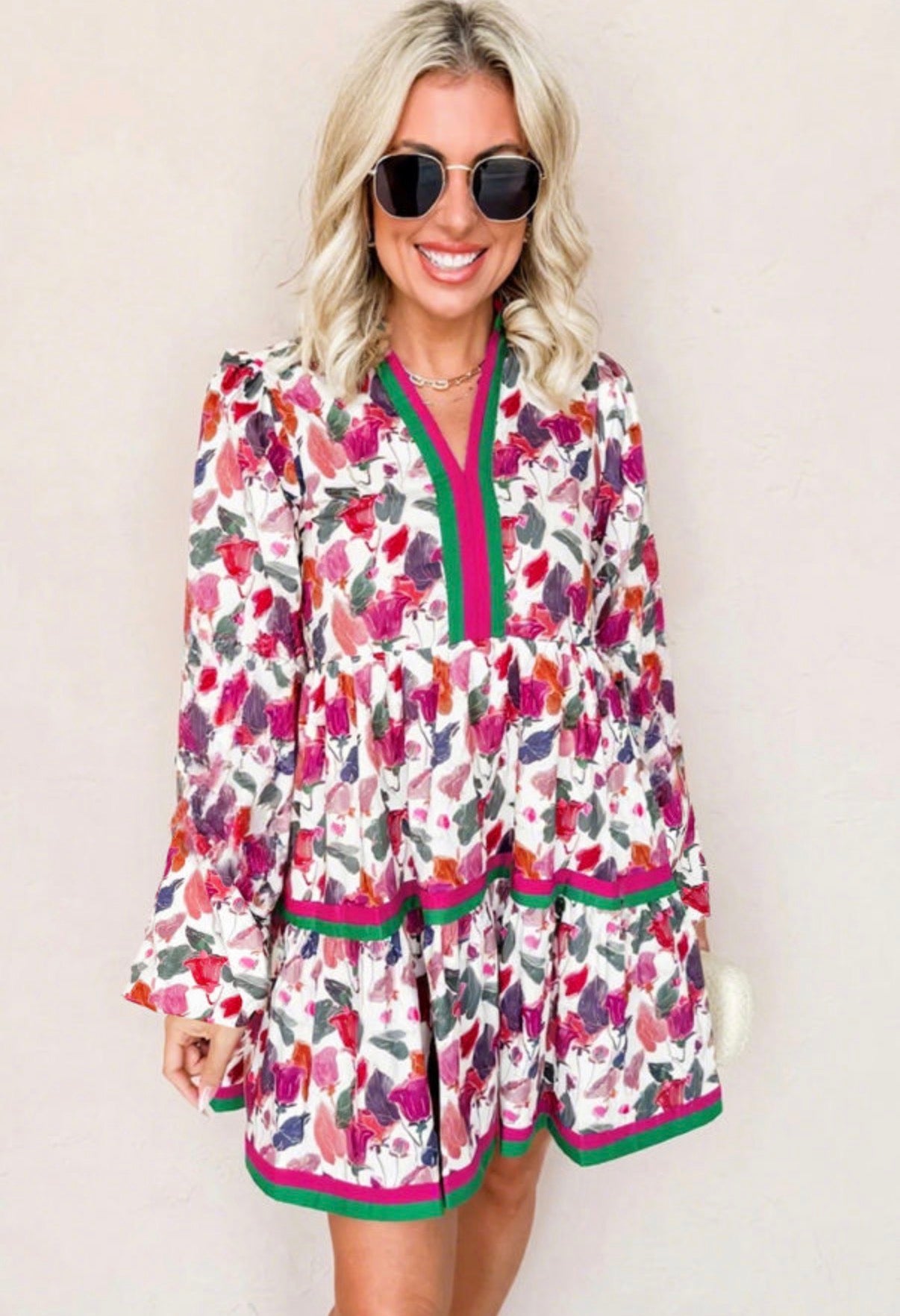 CLEARANCE: Pink/Green striped collar floral lined dress