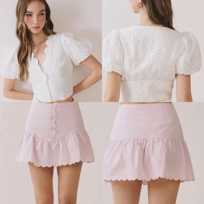 TCEC white eyelet puff sleeve button front crop blouse