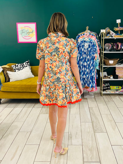 TCEC Floral Print Collared Neck Scallop Detail Dress