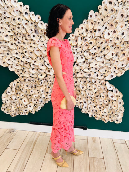 Adelyn Rae: Portia 3D Lace Cap Sleeve Midi Dress: Coral