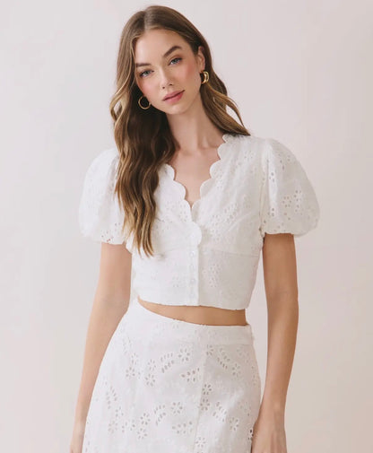 TCEC white eyelet puff sleeve button front crop blouse
