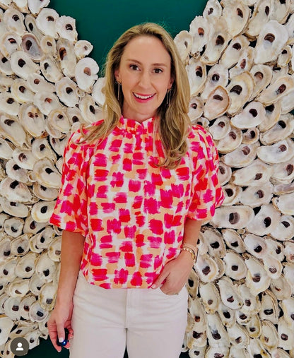 CLEARANCE: Pink Floral tie front blouse cropped ruffle bottom