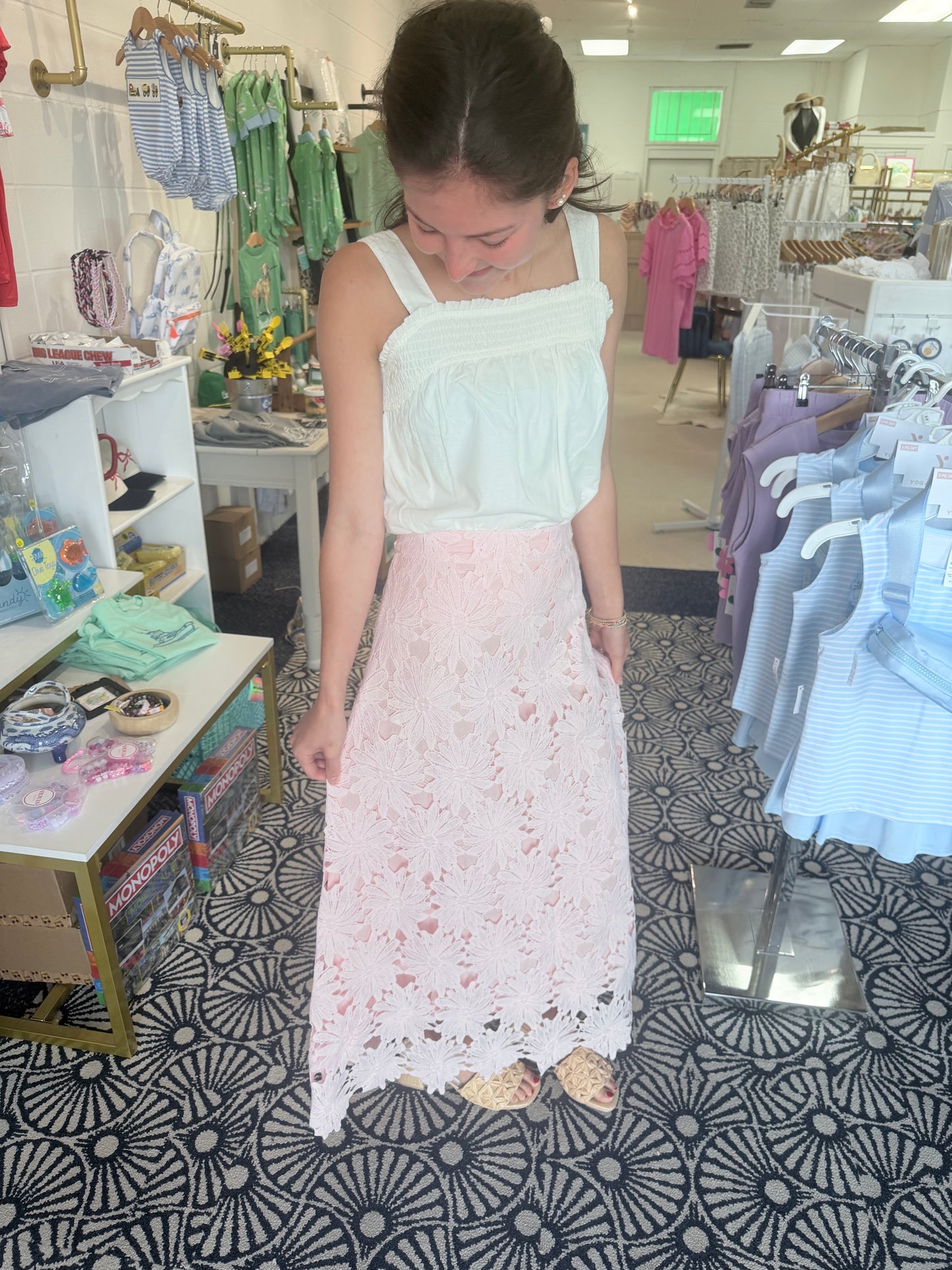 TCEC Floral Lace scalloped hem midi skirt: PINK