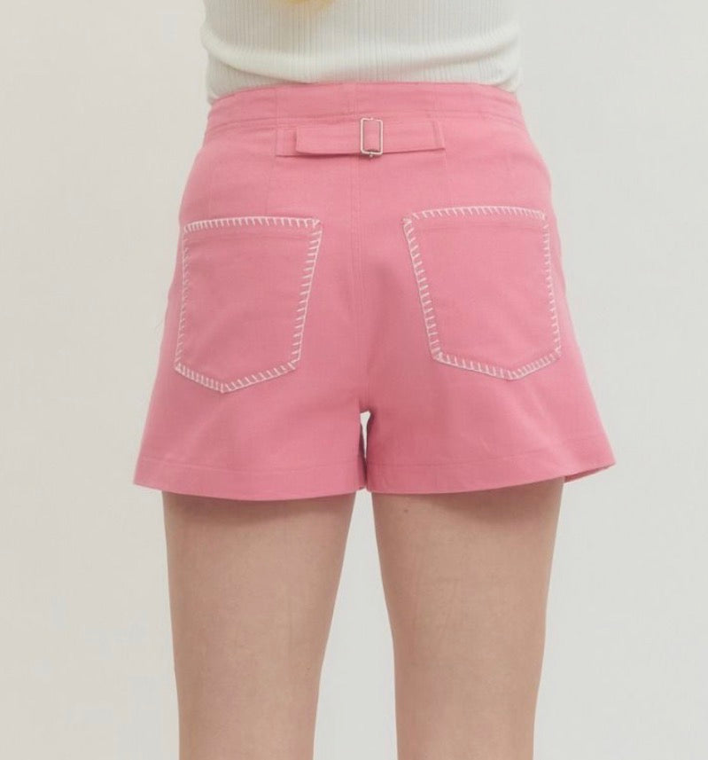 Entro - High Waisted Contrast Stitching shorts - PINK