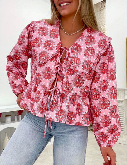 CLEARANCE: Pink Floral tie front blouse cropped ruffle bottom