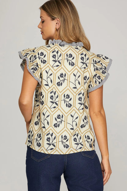 FLUTTER SLEEVE WOVEN EMBROIDERED TOP