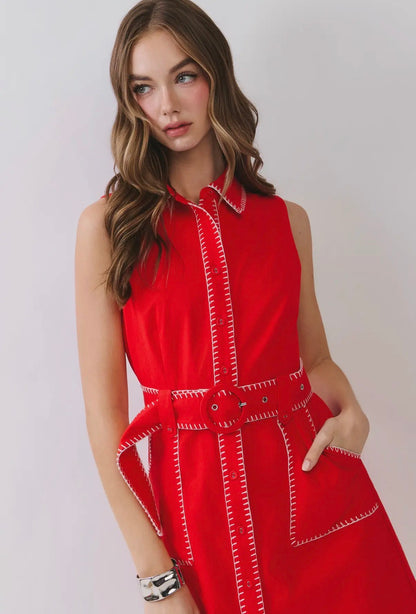 TCEC contrast stitching, structured belted mini dress / RED