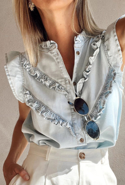 Denim Ruffle button down blouse