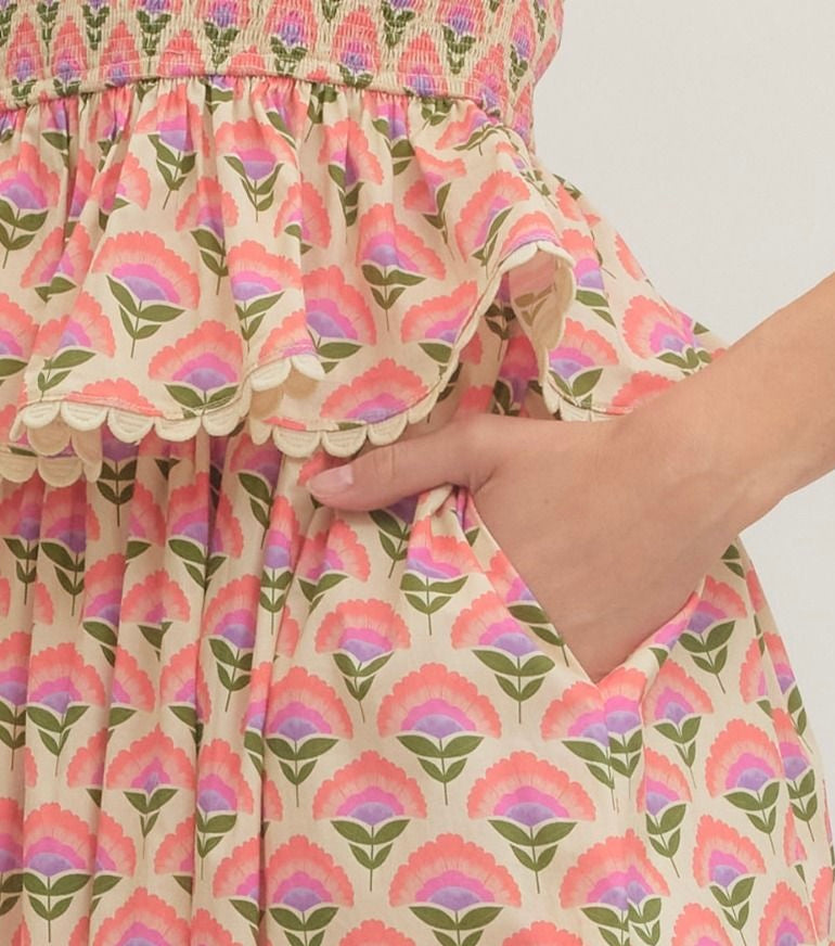 Entro floral smocked blouse with ruffle sleeves