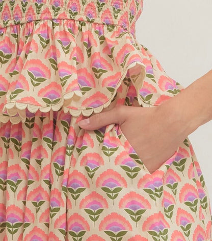 Entro floral smocked blouse with ruffle sleeves