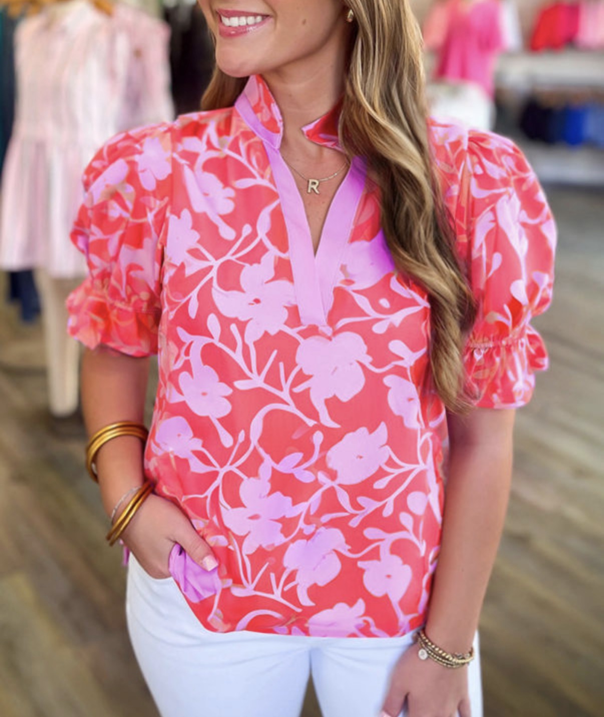 CLEARANCE: Lilac and dark coral v split mock collar neck blouse
