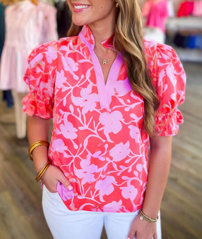 CLEARANCE: Lilac and dark coral v split mock collar neck blouse