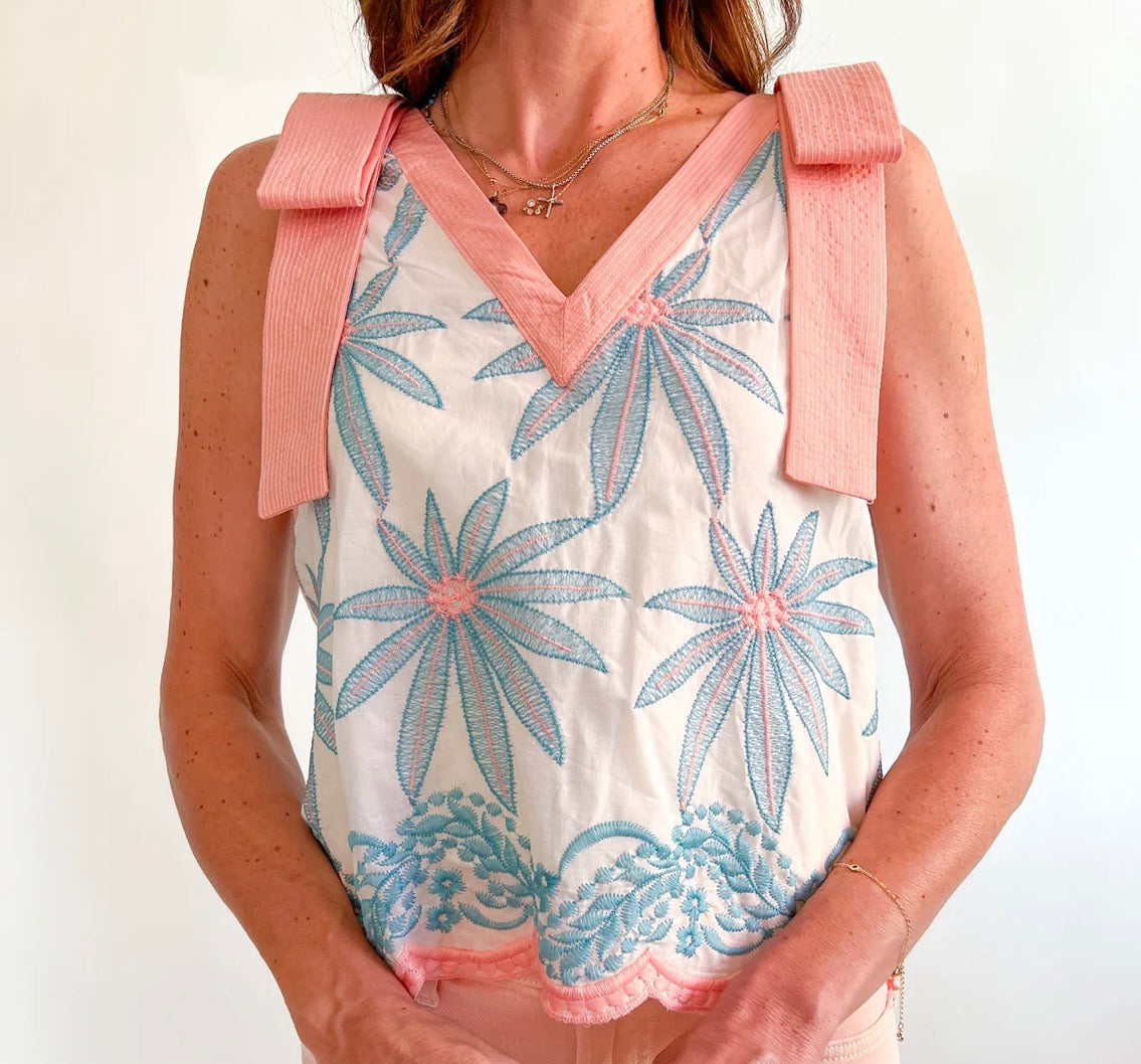 Entro embroidered tank top with faux bow shoulder : coral / blue
