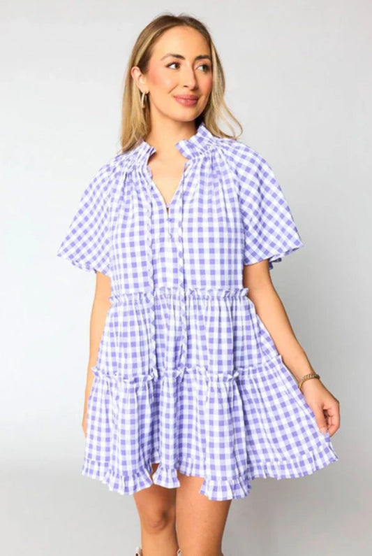 Lavender Plaid V mock neck dress