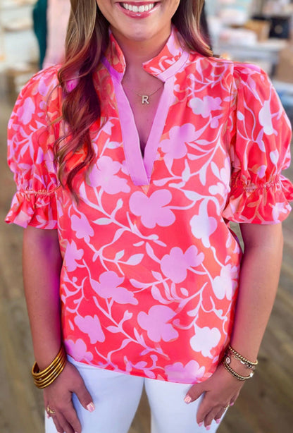 CLEARANCE: Lilac and dark coral v split mock collar neck blouse