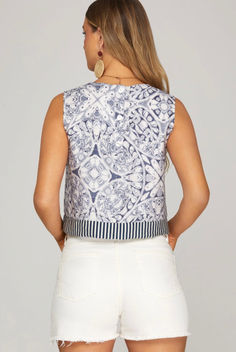 She+Sky woven hem blue contrast top