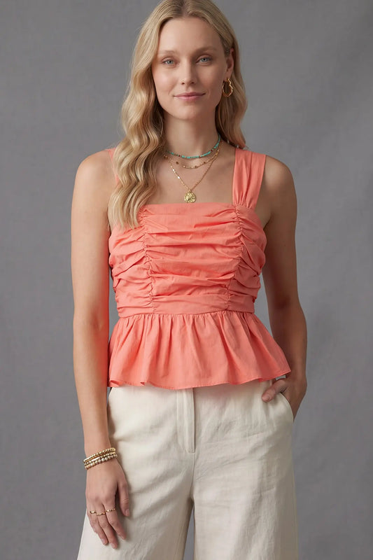 Sleeveless Cotton Ruched Peplum Top CORAL