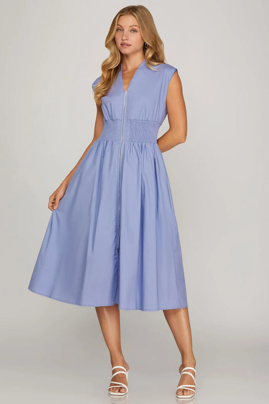 Periwinkle Drop Shoulder smocked waist Midi Dress