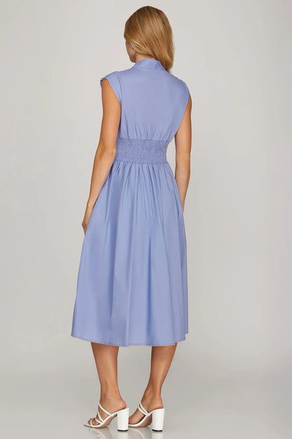 Periwinkle Drop Shoulder smocked waist Midi Dress
